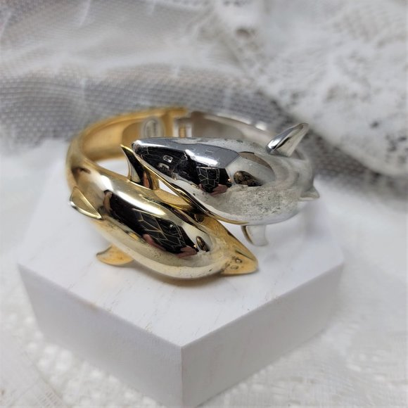 Dolphin Bangle Bracelet Hinged Gold & Silver - Picture 1 of 8